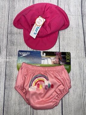 Speedo 12 Months Medium Rainbow Infant Swim Diaper & Carter’s Sun Hat Bundle